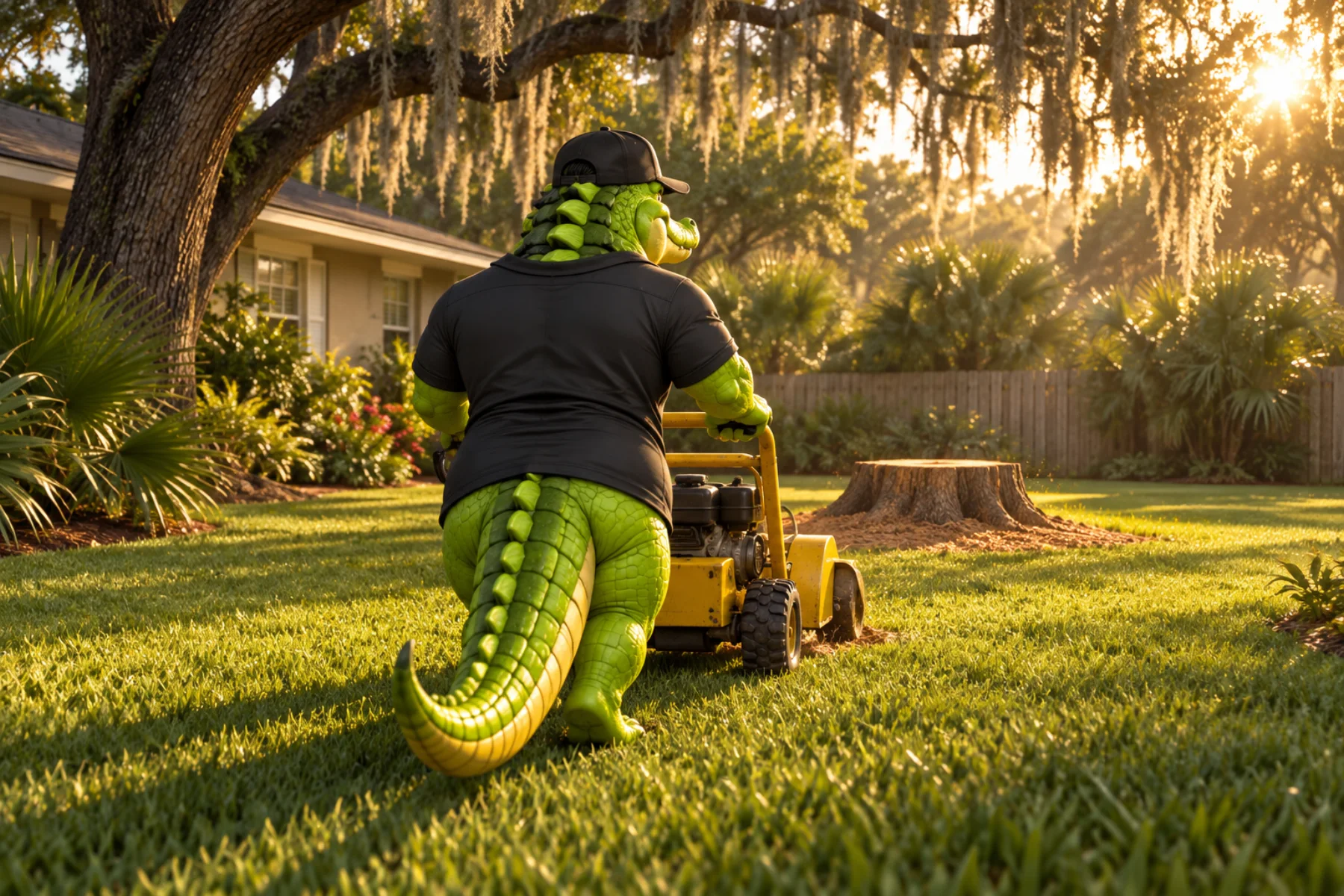 Illustration of the Gone Stumpin alligator rolling a yellow stump grinder toward a stump