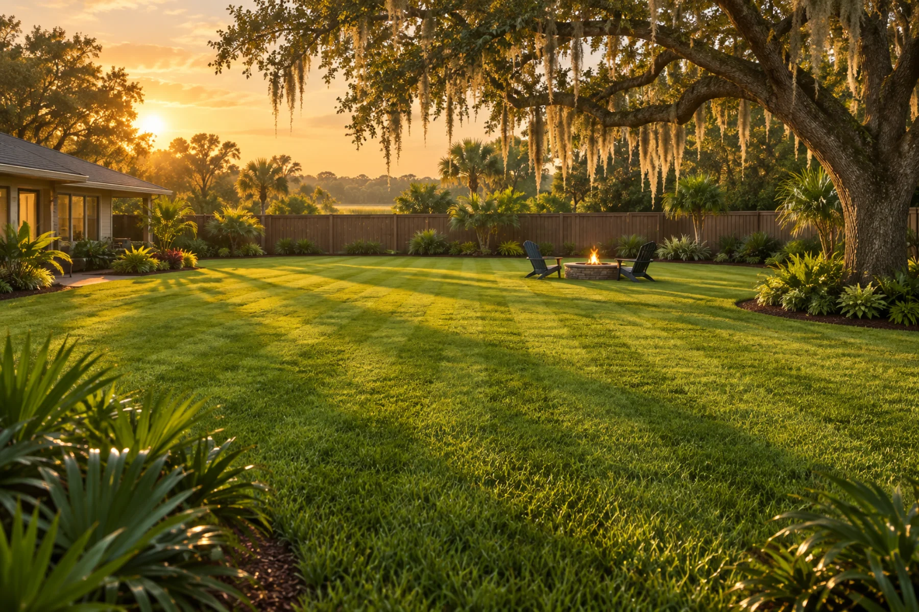 Illustration of a wide, open, freshly mowed backyard